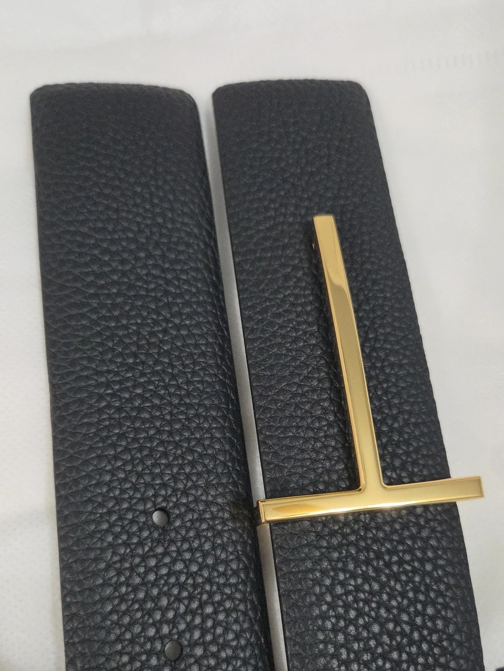 Tom Ford Black Leather Belt Gold T Accent Buckle